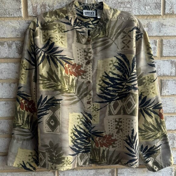 Chico's Design 100% Silk Long Sleeve Button Up Banded Collared Shirt Size 2 (L) - Picture 1 of 8